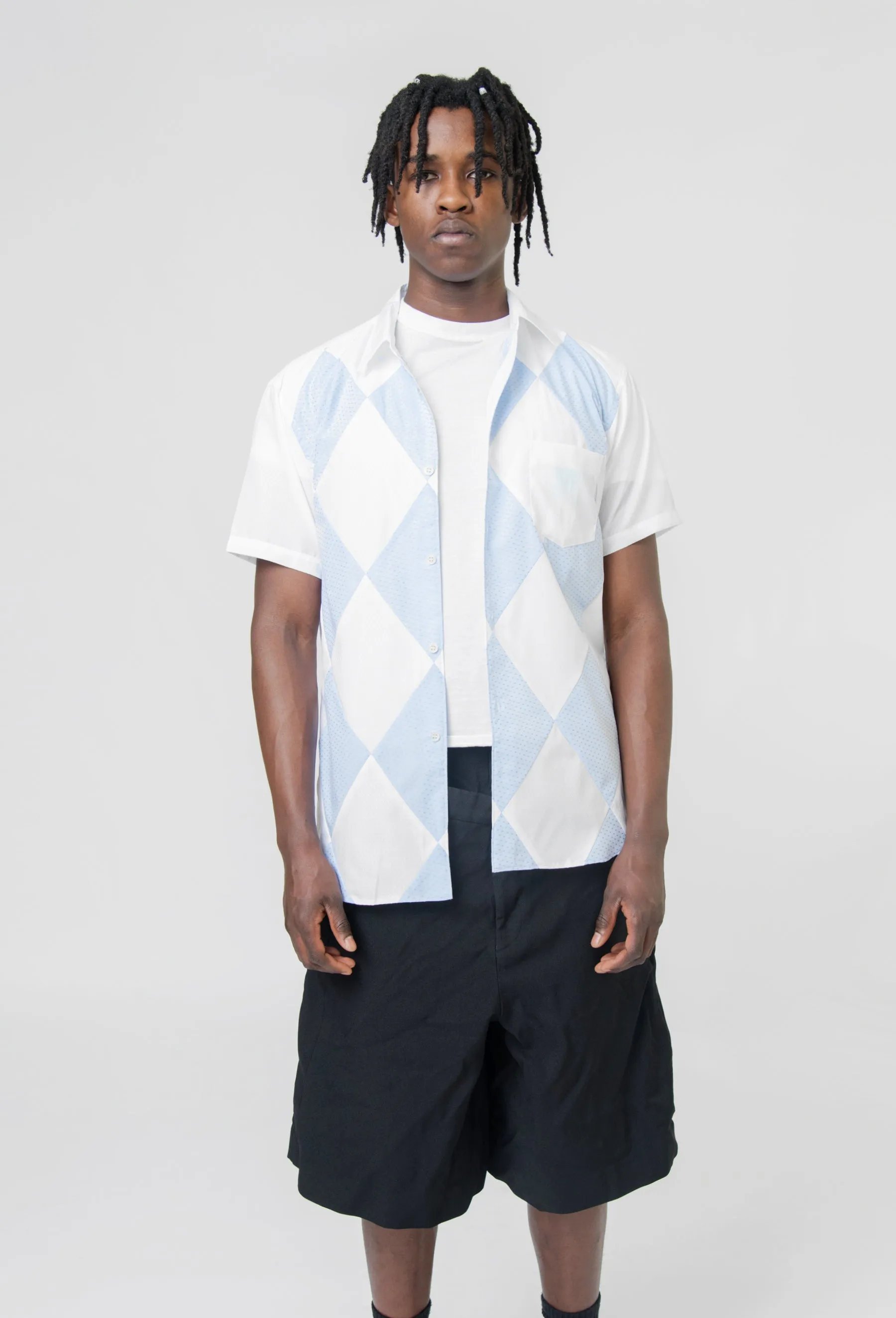 Dot/Diamond Pattern Short Sleeve Button Up Shirt White/Blue FM-B051-S24-1 sold by Nomad product image thumbnail 5