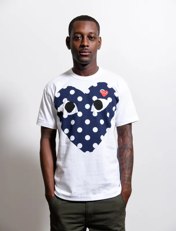 Navy Polka Dot Chest Print Red Emblem Tee White T234 sold by Nomad