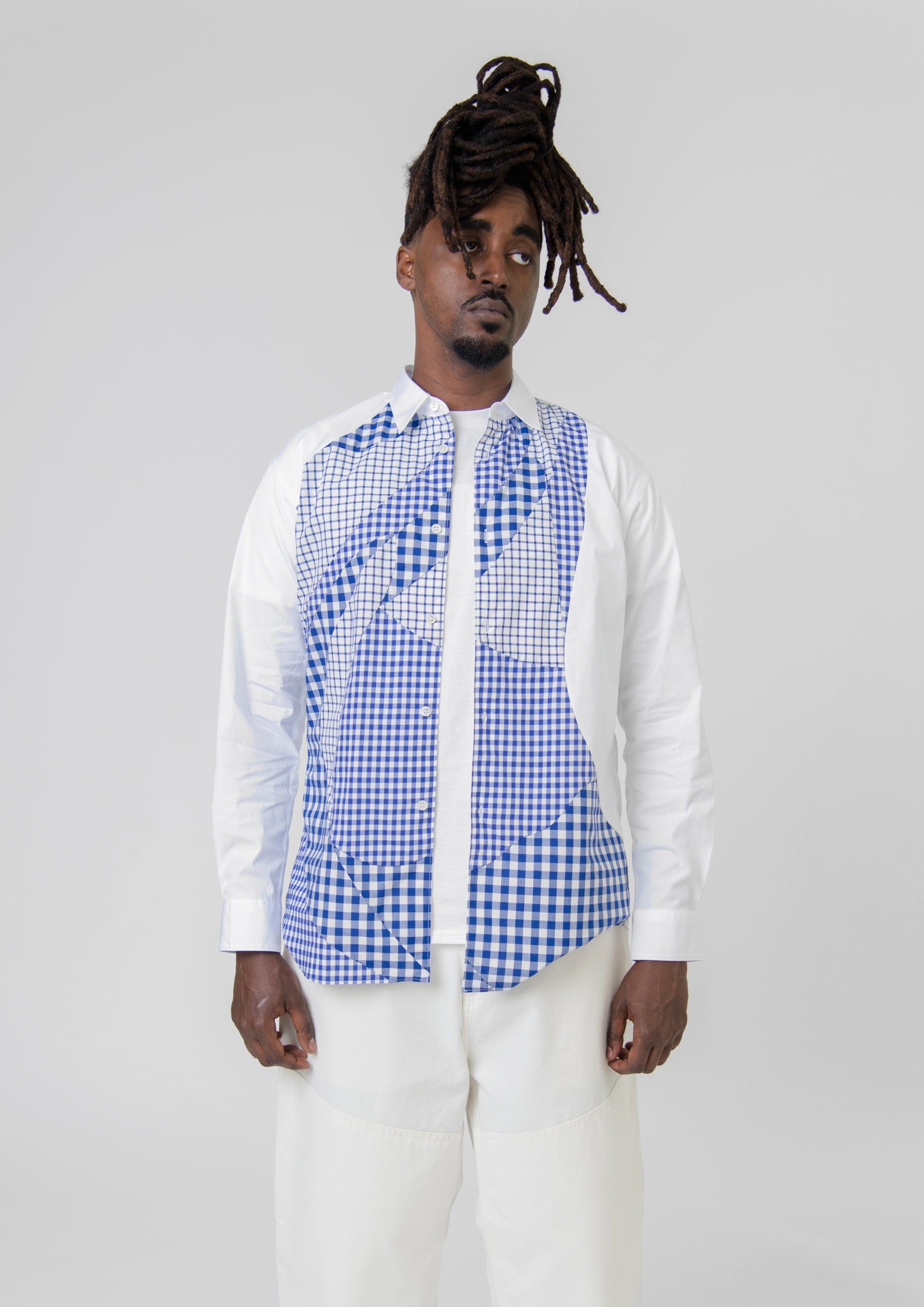 Mixed Checker Print Shirt White/Blue FK-B007 sold by Nomad product image thumbnail 5