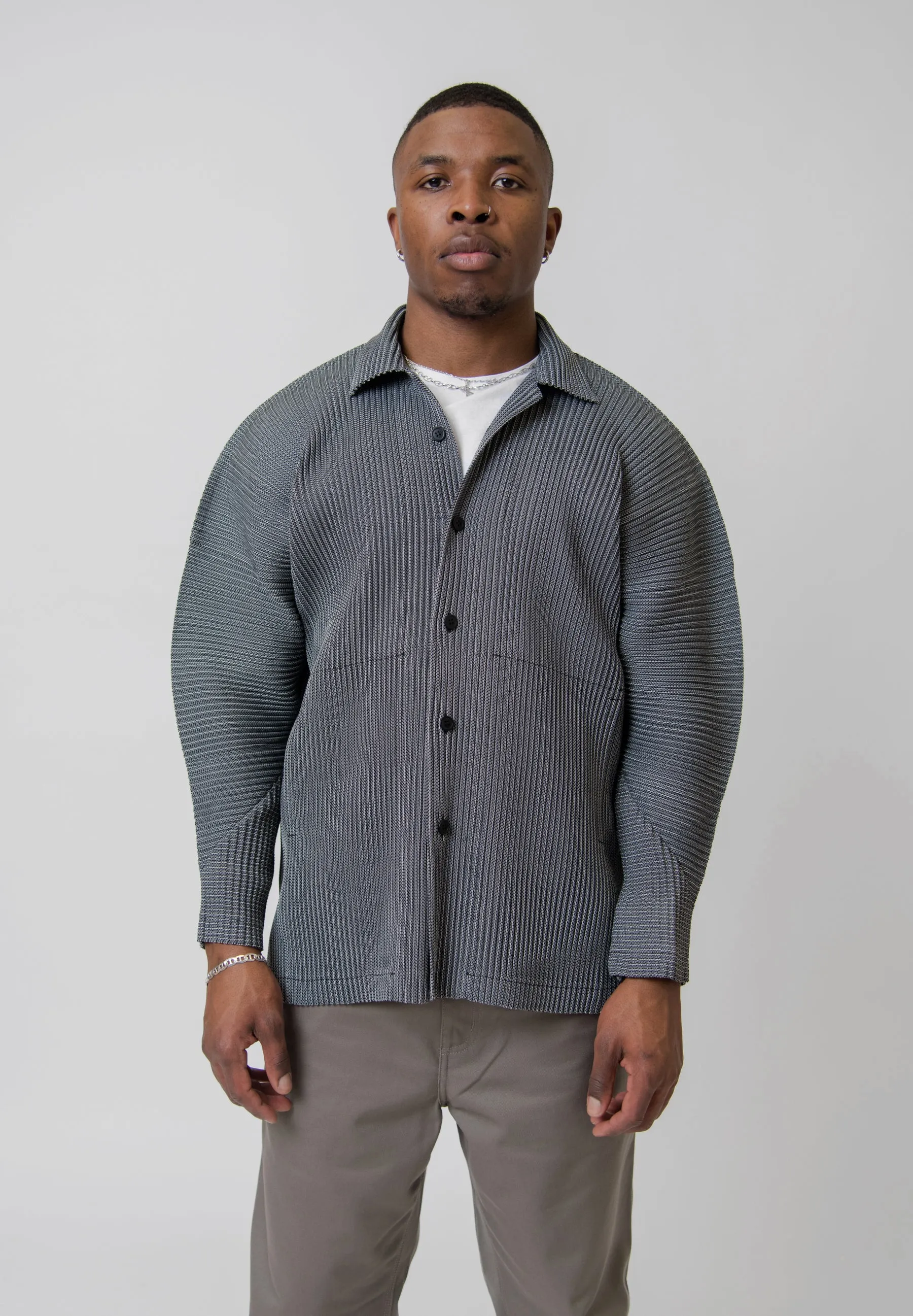 Leno Stripe Pleated Shirt Grey FJ307-12 sold by Nomad