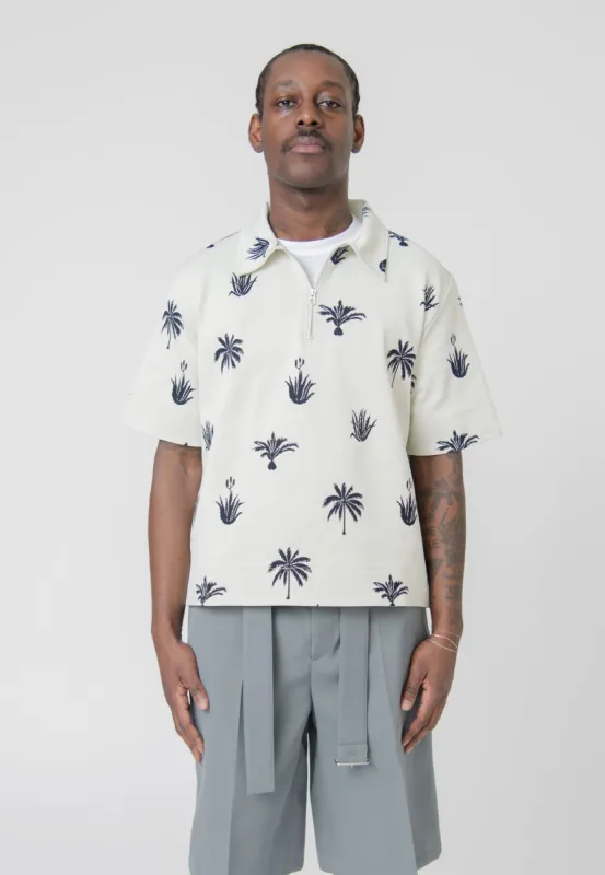 Palm Tree Jacquard Polo Shirt White/Black J22GL0103 sold by Nomad