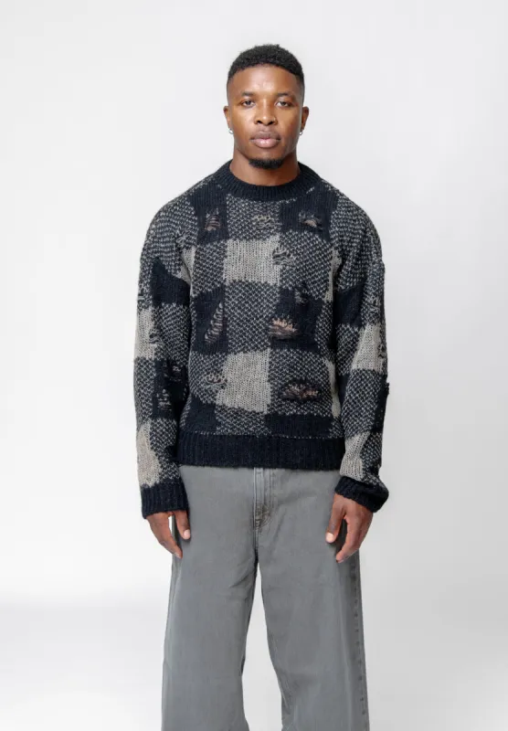 Sonar Roundneck Sweater Destructive Gingham Black W4243SBD sold by Nomad