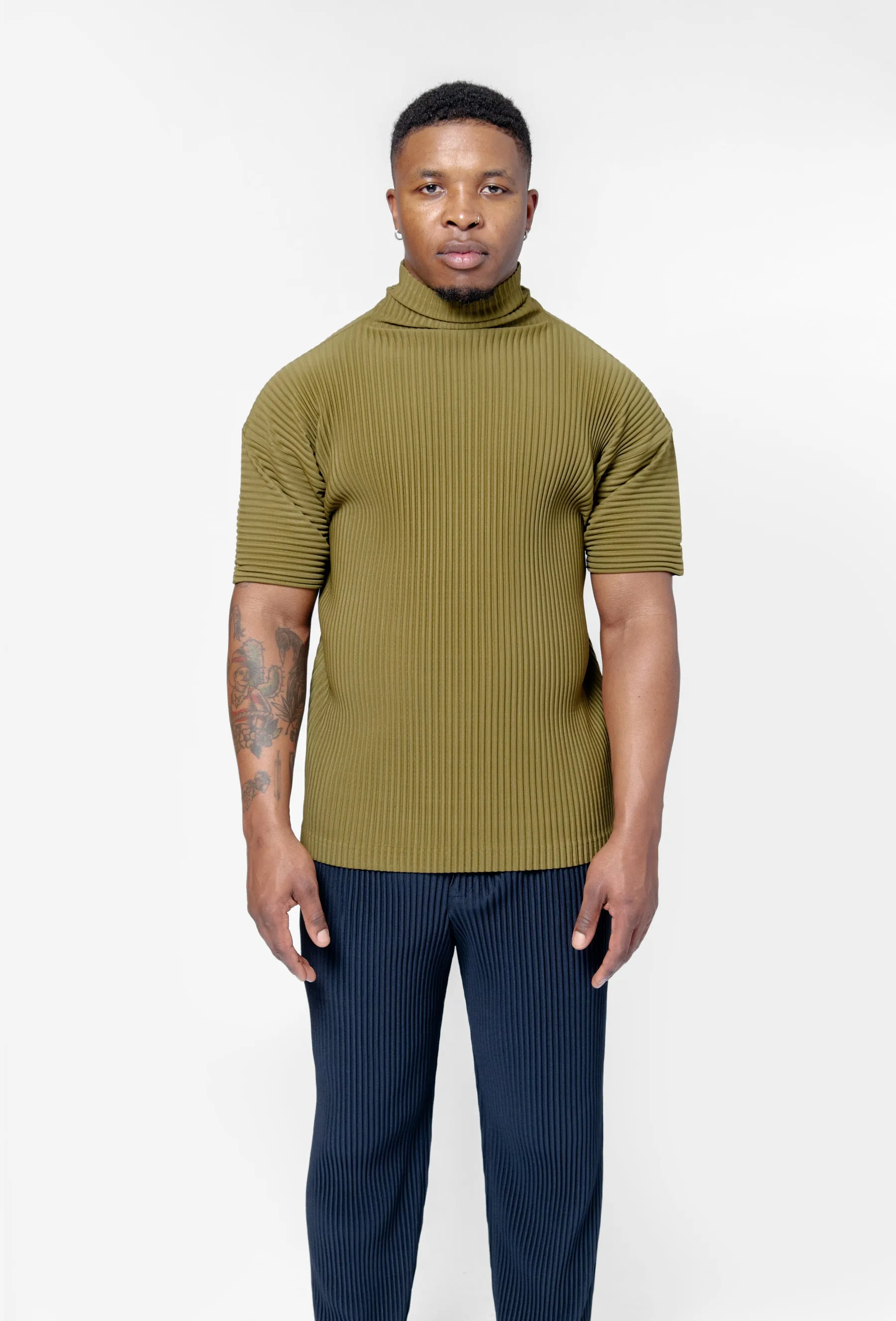 Colour Pleats Mockneck Tee Olive khaki HP56-JK181-67 sold by Nomad