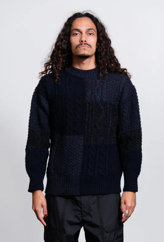 Shetland Wool Aran Pattern Knit Sweater Navy N007 sold by Nomad
