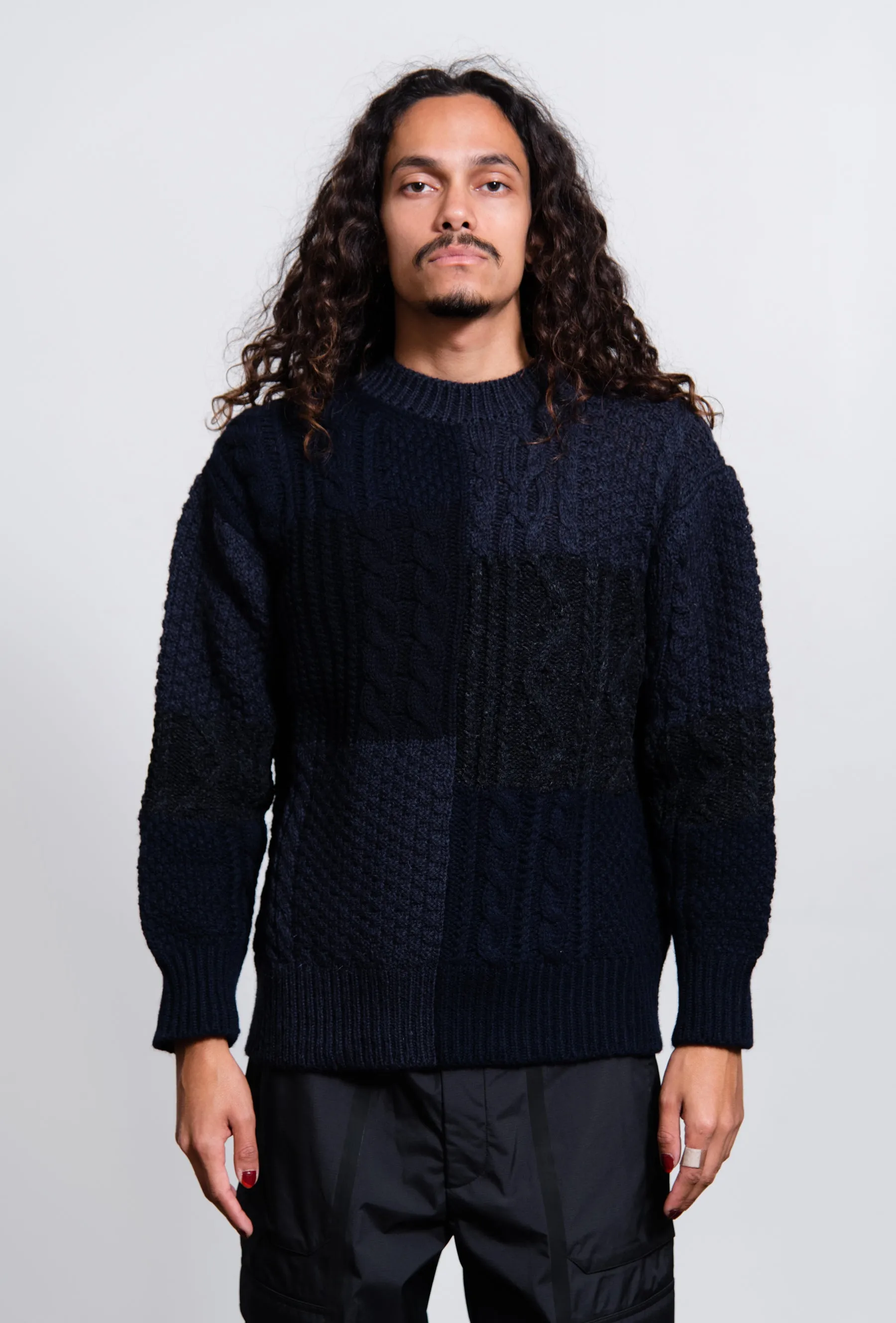 Shetland Wool Aran Pattern Knit Sweater Navy N007 sold by Nomad