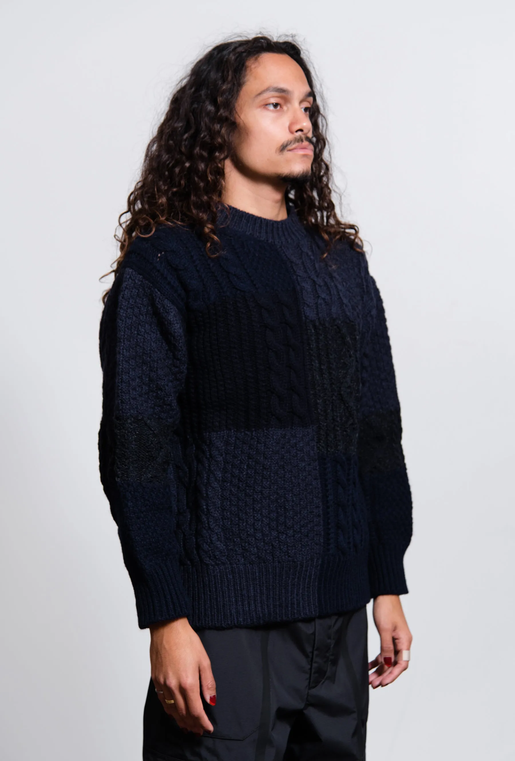 Shetland Wool Aran Pattern Knit Sweater Navy N007 sold by Nomad product image thumbnail 3