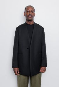 Sharp Wool Serge Lapelless Jacket Black JS21BN0011 sold by Nomad