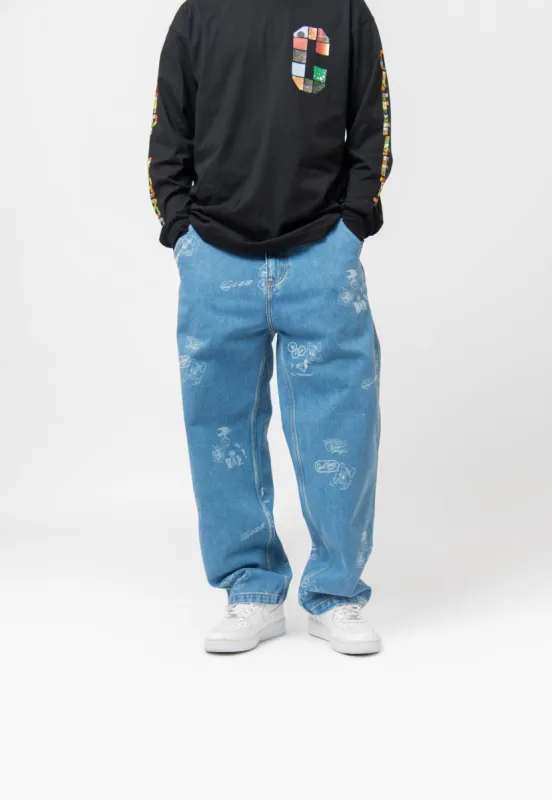 Stamp Print Pant Blue Bleached I033745 sold by Nomad