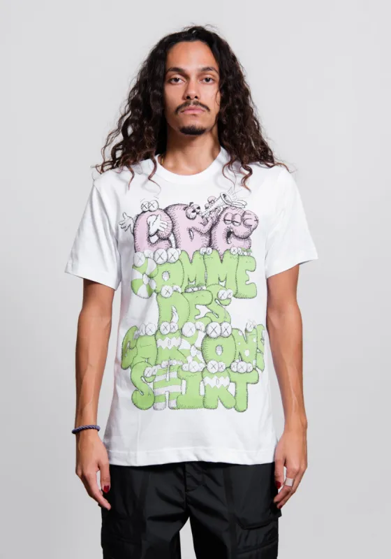 Kaws CDG Logo Tee White/Pink/Green T004 sold by Nomad