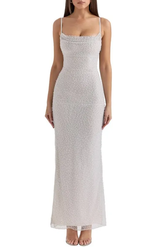 HOUSE OF CB Calla Beaded Mesh Overlay Gown in Nimbus Cloud at Nordstrom, Size Medium sold by Nordstrom