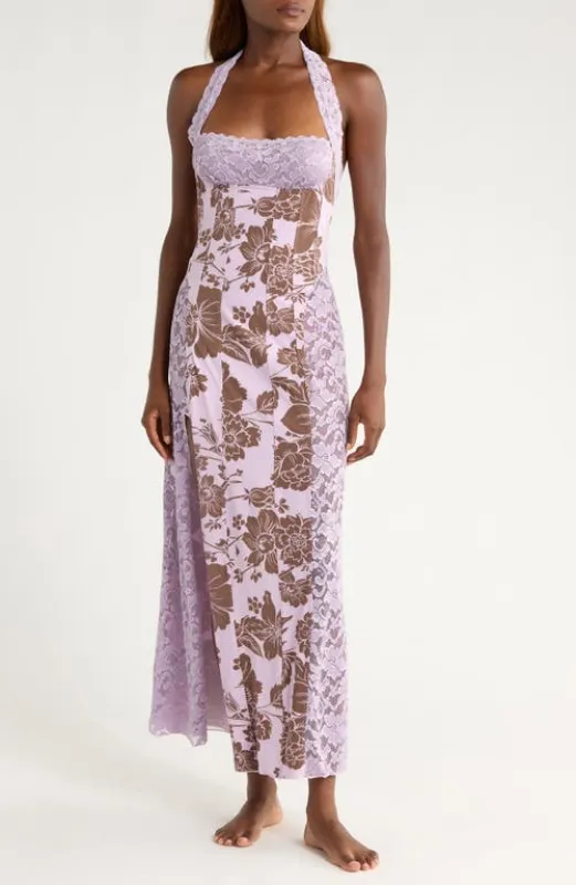 Free People Love You Most Print Lace Halter Maxi Dress in Lavender Combo at Nordstrom, Size Small sold by Nordstrom