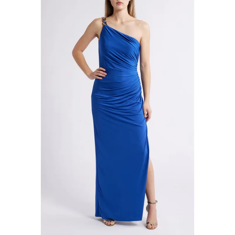 Vince Camuto Ruched Chain Detail One-Shoulder Gown in Cobalt at Nordstrom, Size 10 sold by Nordstrom