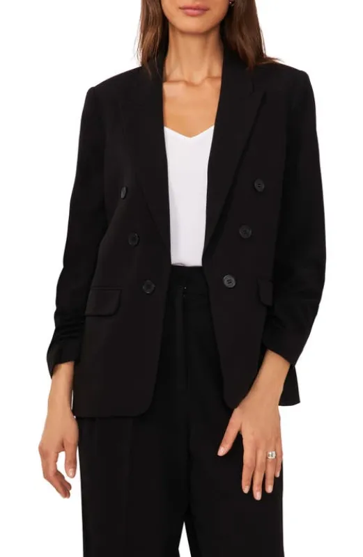 halogen(r) Scrunch Sleeve Double Breasted Blazer in Rich Black at Nordstrom, Size X-Large sold by Nordstrom