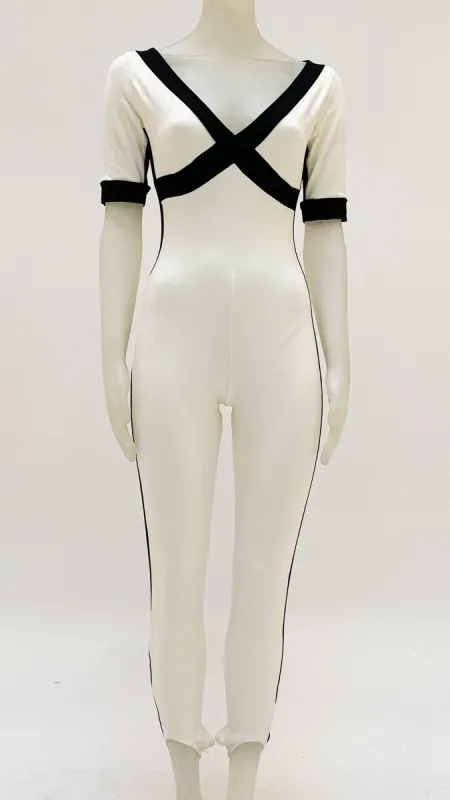 SIDE STRIPE SHORT SLEEVE STIRRUP CATSUIT sold by Norma Kamali
