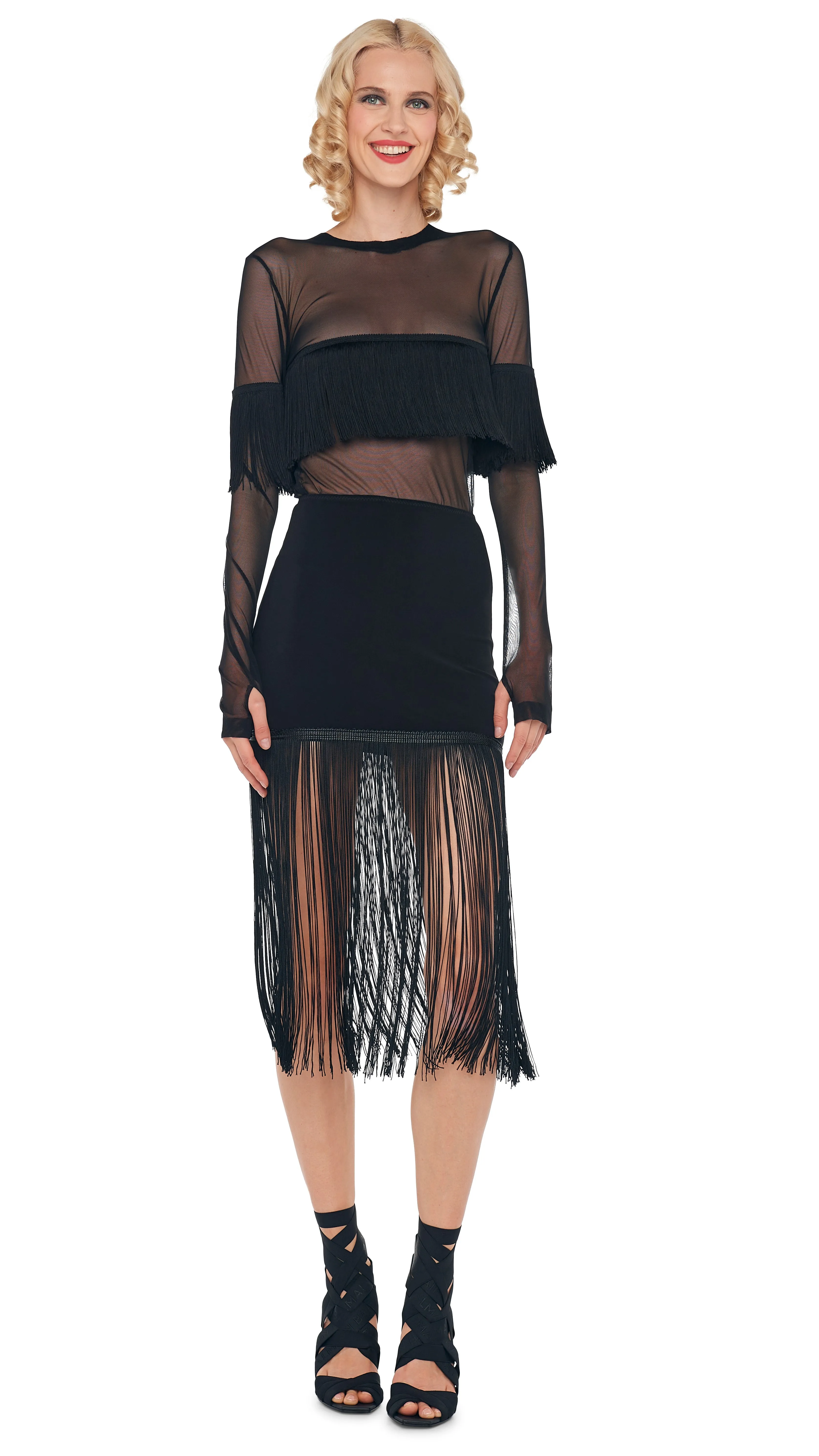 LONG SLEEVE CREWNECK FRINGE TOP sold by Norma Kamali