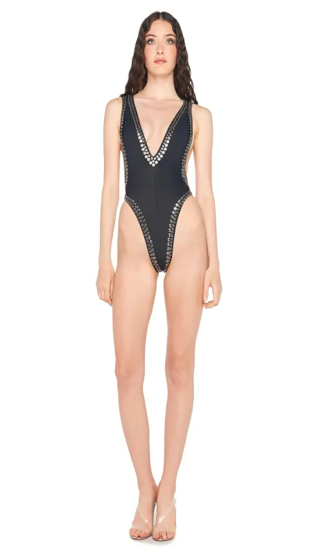 GUNMETAL STUD V NECK MARISSA sold by Norma Kamali