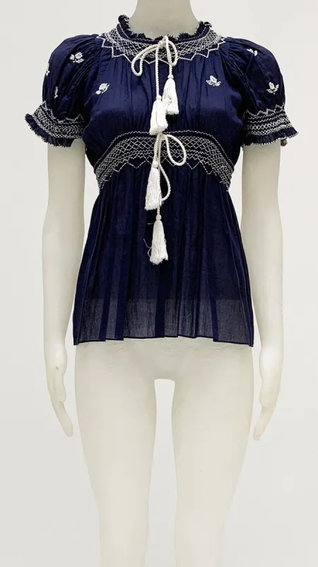 SHORT SLEEVE PEASANT TOP WITH EMBROIDERY sold by Norma Kamali
