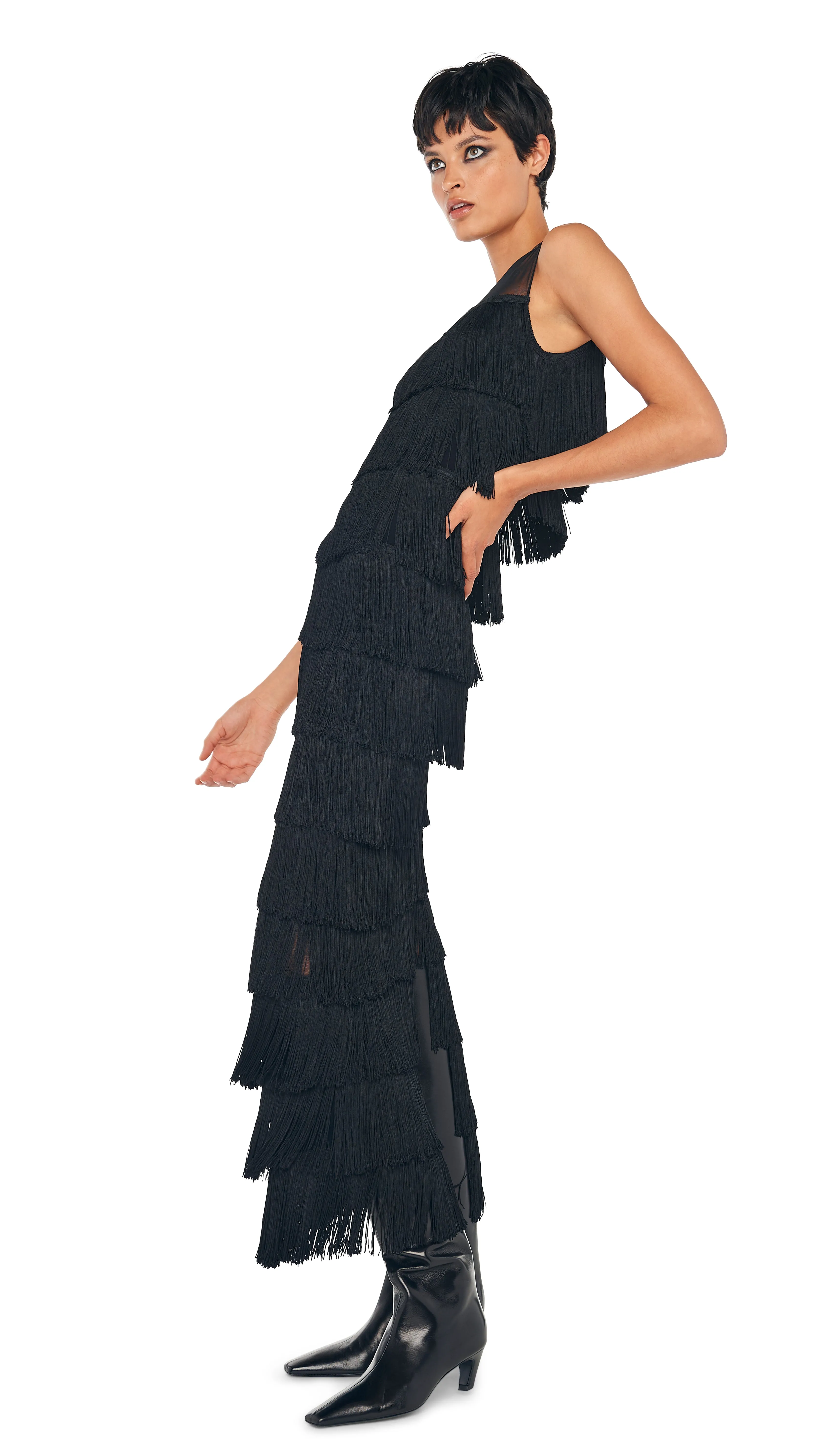 SLEEVELESS ALL OVER FRINGE LONG DRESS W/ BACK SLIT sold by Norma Kamali product image thumbnail 5