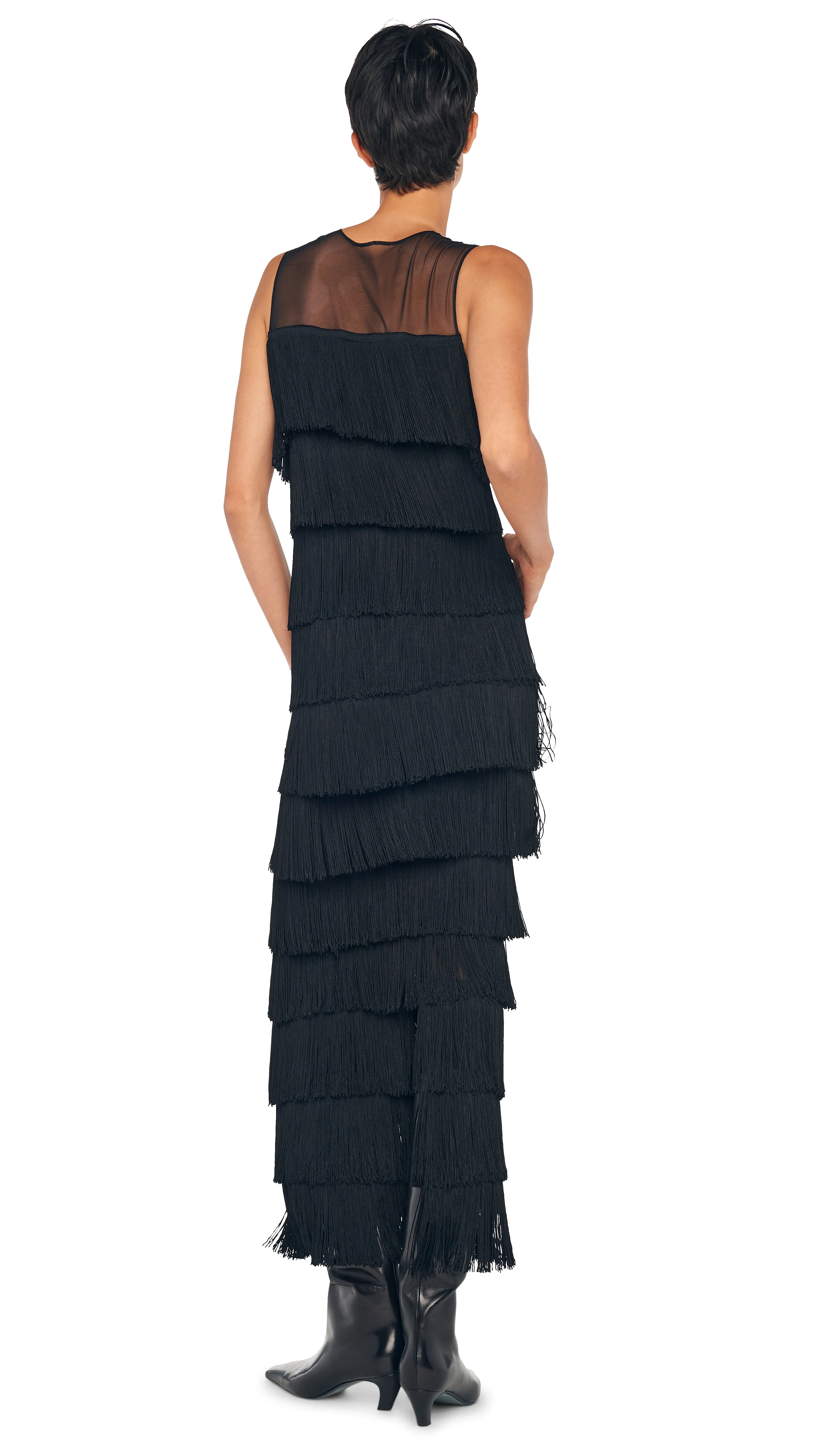 SLEEVELESS ALL OVER FRINGE LONG DRESS W/ BACK SLIT sold by Norma Kamali product image thumbnail 3