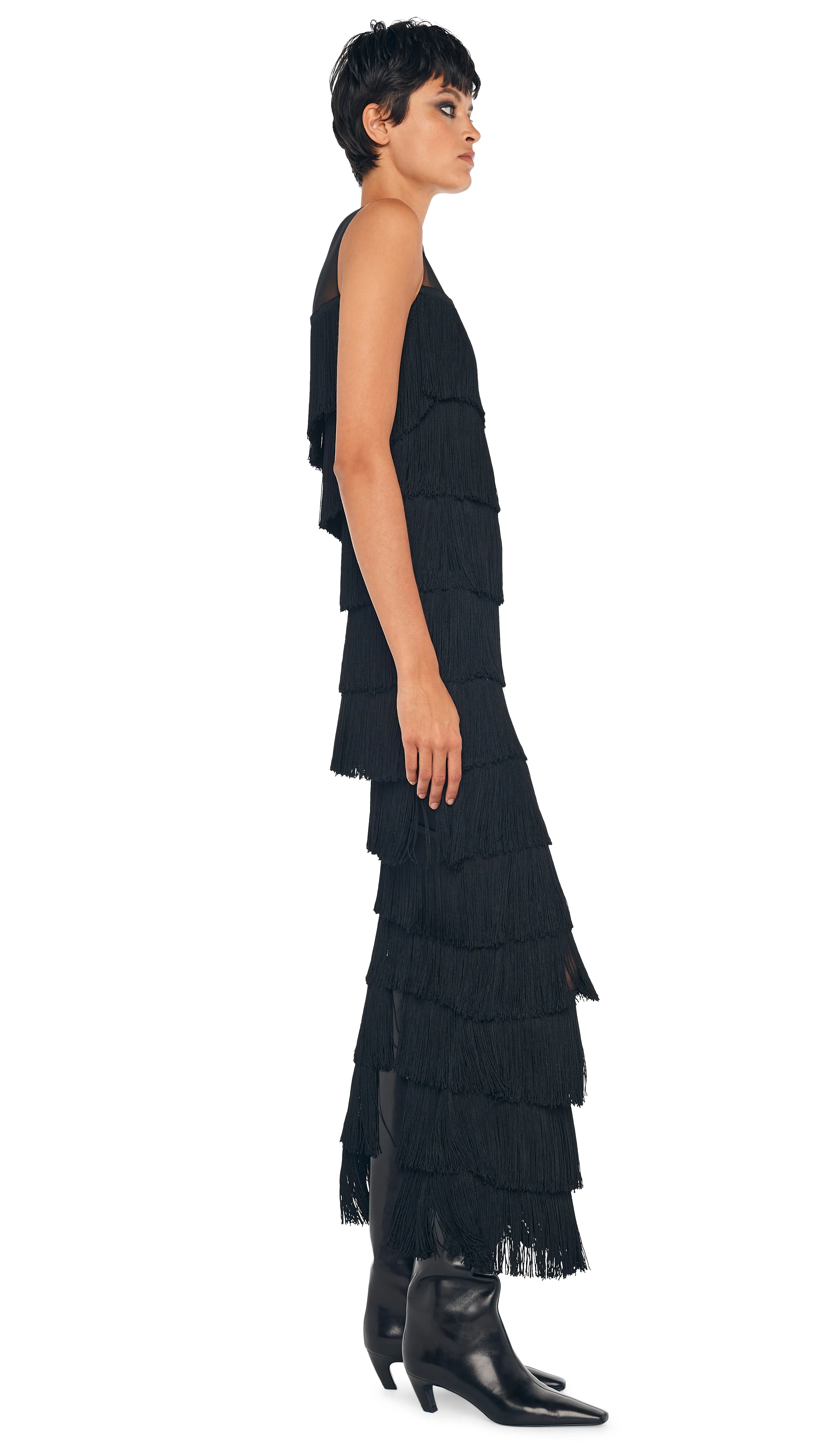 SLEEVELESS ALL OVER FRINGE LONG DRESS W/ BACK SLIT sold by Norma Kamali product image thumbnail 4