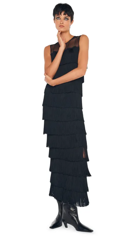 SLEEVELESS ALL OVER FRINGE LONG DRESS W/ BACK SLIT sold by Norma Kamali