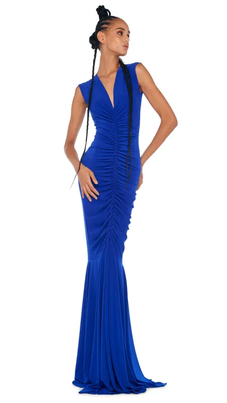 DEEP V NECK SHIRRED FISHTAIL GOWN sold by Norma Kamali