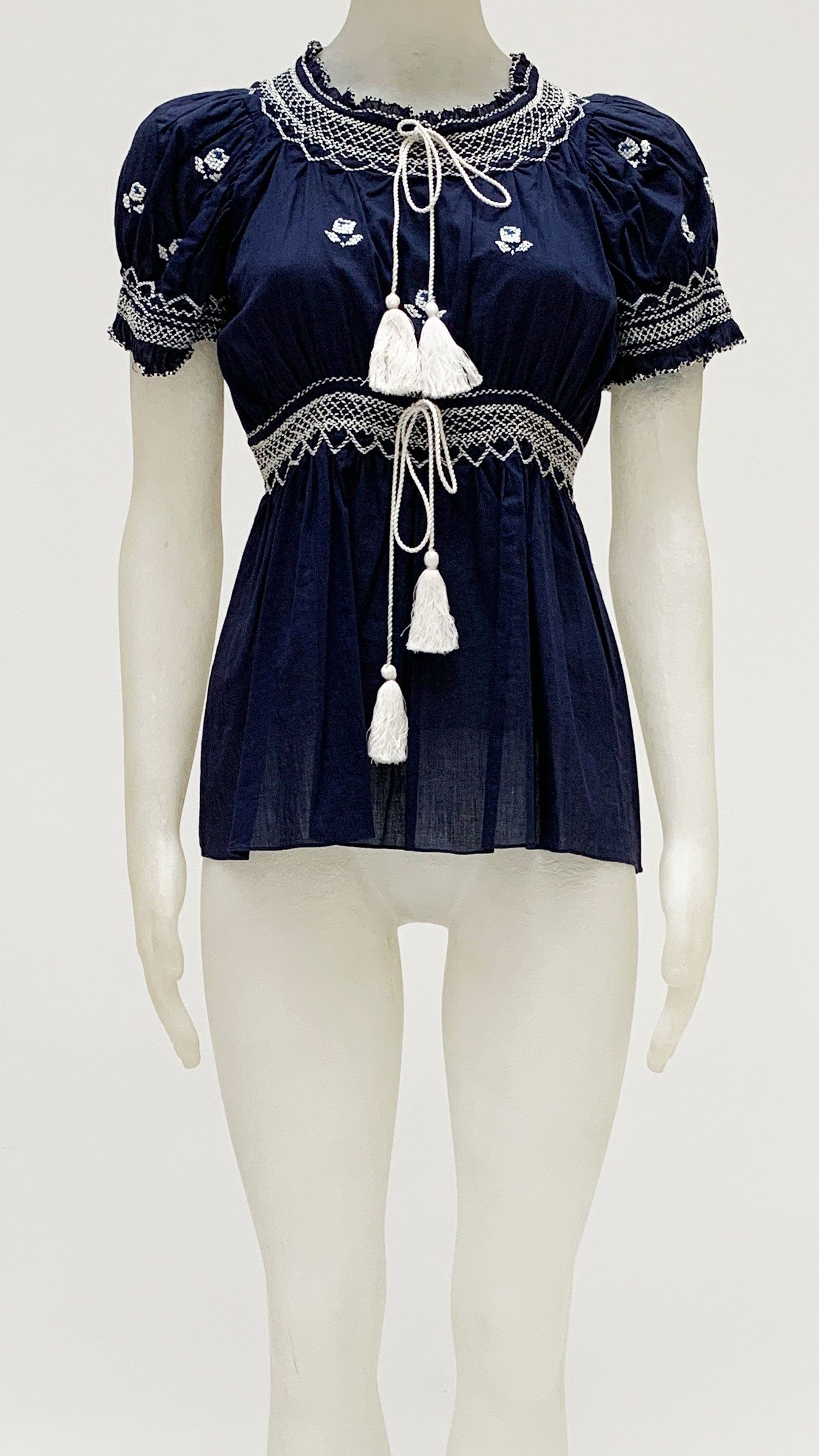 SHORT SLEEVE PEASANT TOP WITH EMBROIDERY sold by Norma Kamali