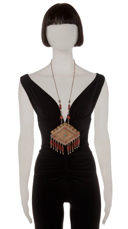 BRASS LARGE PENDANT WITH RED BEADED DETAIL sold by Norma Kamali