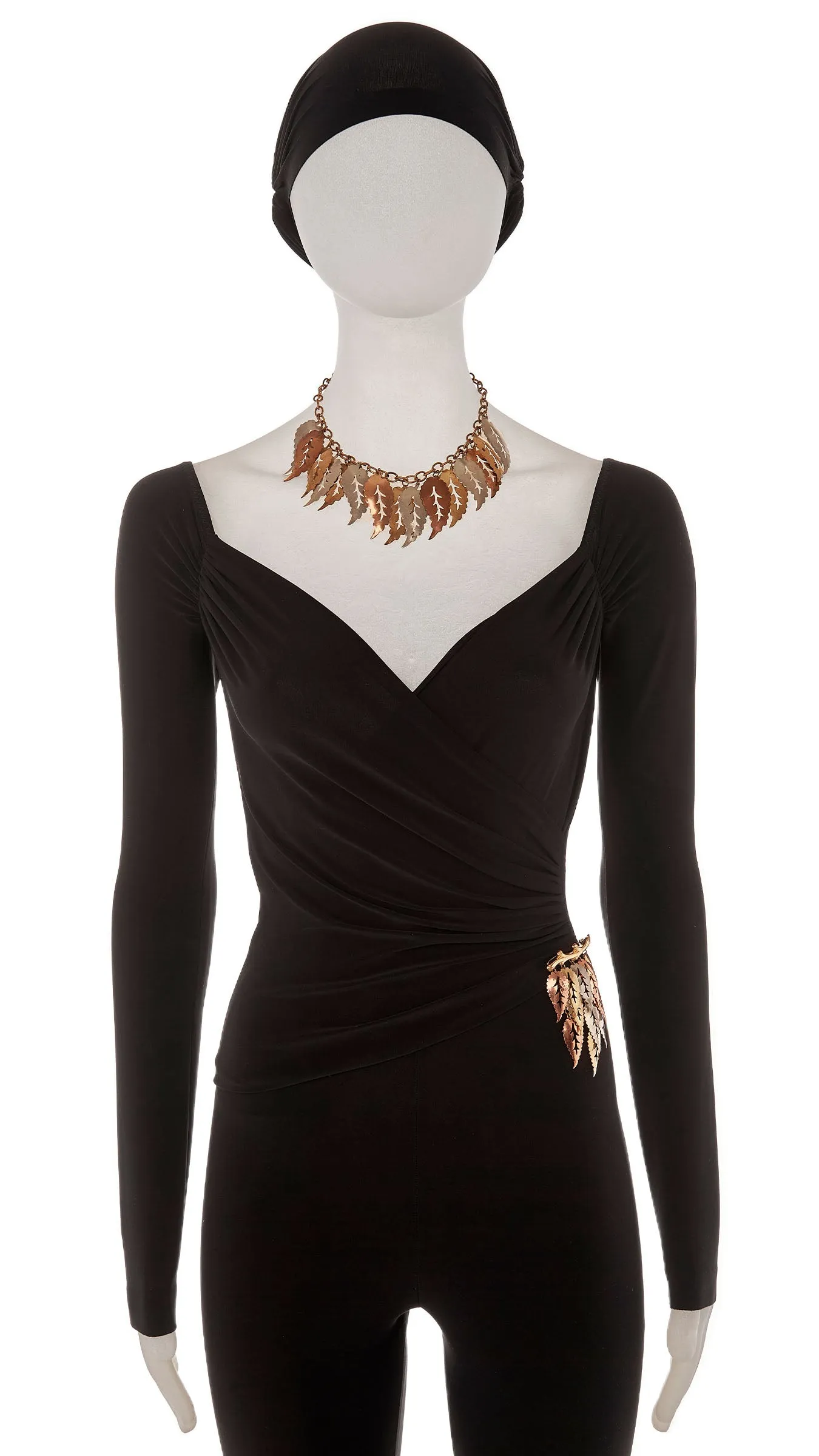 TRI COLOR LEAF DROP NECKLACE AND BROOCH sold by Norma Kamali