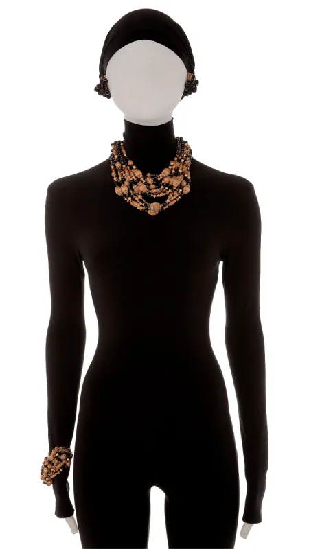 LAYERED BRASS & BLACK BEADED CHAIN NECKLACE, BRACELET & EARRING SET sold by Norma Kamali