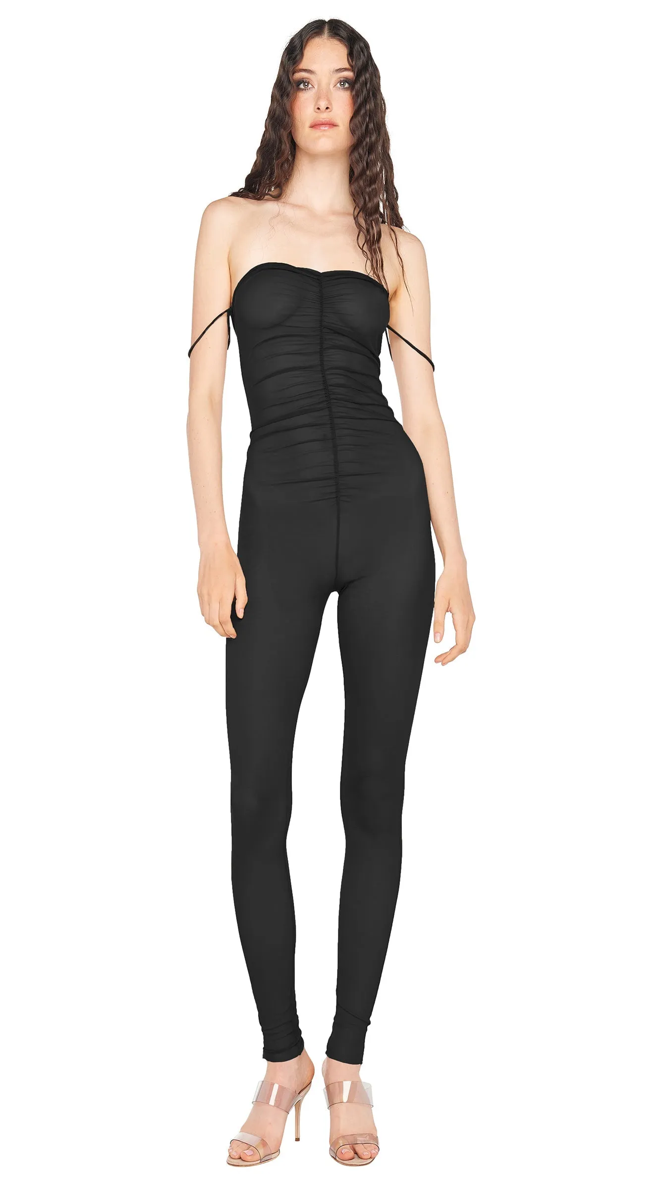 STRAPLESS SHIRRED FRONT CATSUIT sold by Norma Kamali