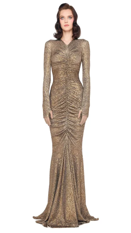 LS V NECK SHIRRED FRONT FISHTAIL GOWN sold by Norma Kamali