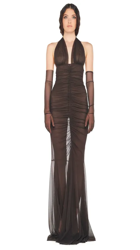 HALTER SHIRRED FRONT FISHTAIL GOWN sold by Norma Kamali