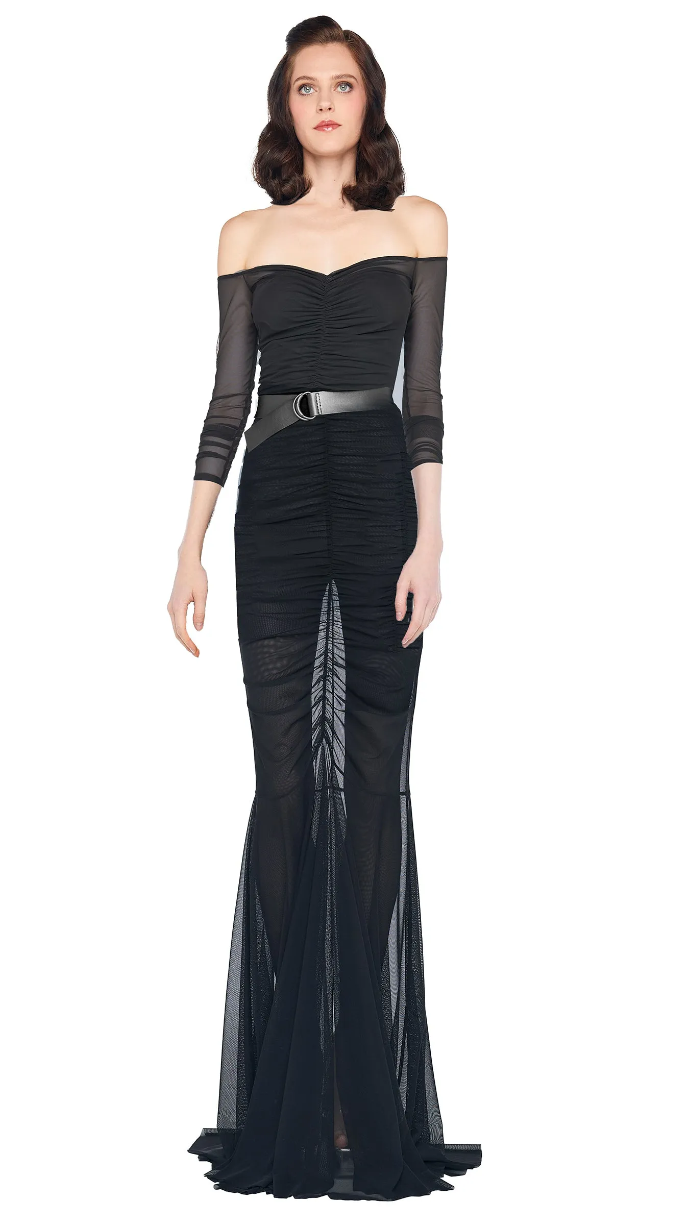 OFF SHOULDER SHIRRED FISHTAIL GOWN sold by Norma Kamali
