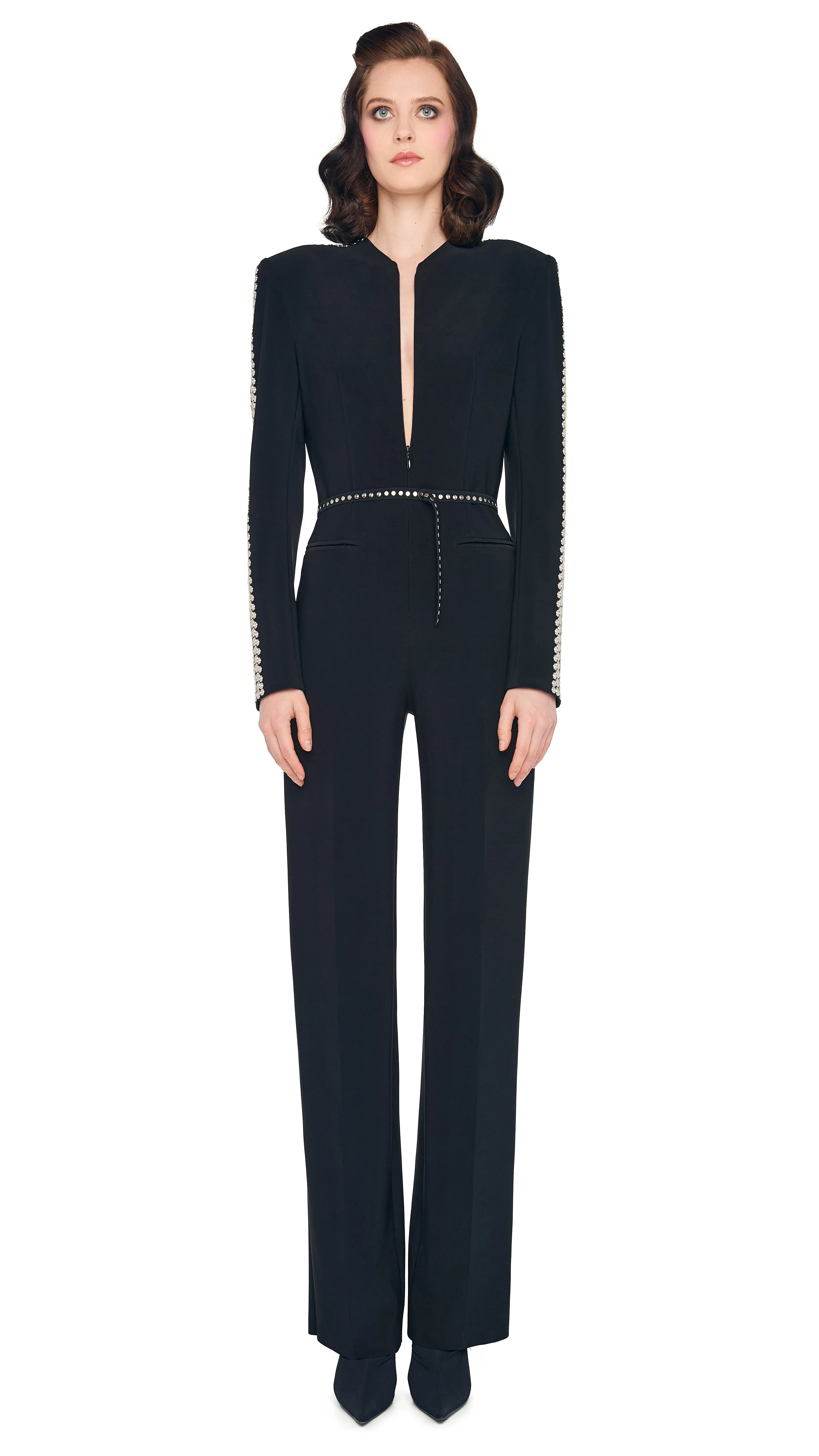 STUD ZIP FRONT STRAIGHT LEG JUMPSUIT sold by Norma Kamali