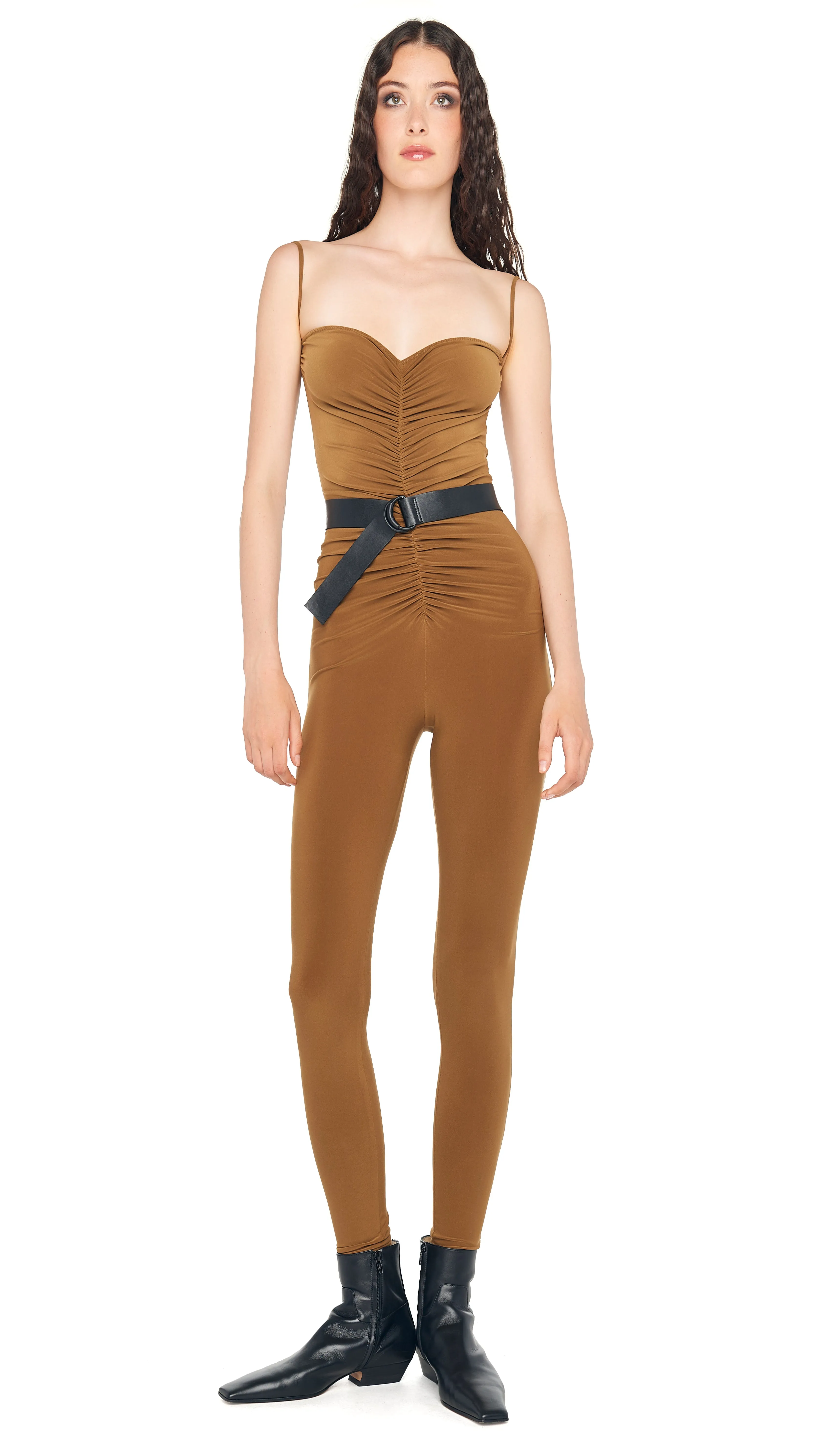 STRAPLESS SHIRRED FRONT CATSUIT sold by Norma Kamali