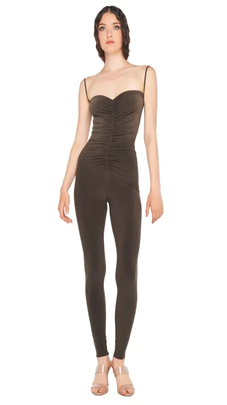 STRAPLESS SHIRRED FRONT CATSUIT sold by Norma Kamali