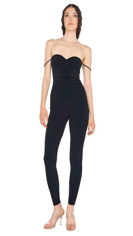 STRAPLESS SHIRRED FRONT CATSUIT sold by Norma Kamali