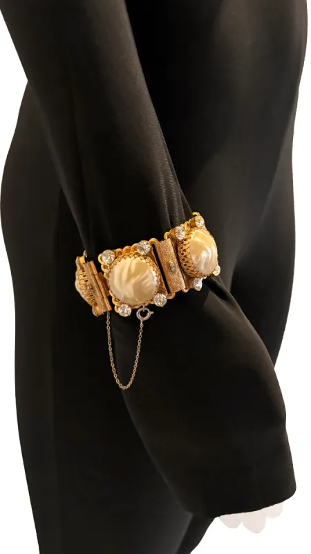 VARGAS SIGNED GOLD TONED PANEL BRACELET WITH COSTUME CABOCHON PEARLS AND RHINESTONES sold by Norma Kamali