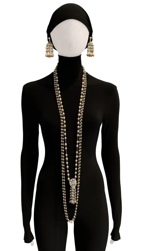 SILVER LINKED PEARL BEAD NECKLACE & PEARL BEAD TASSEL PAVE RHINESTONE PENDANT PAIRED WITH SILVER LINKED PEARL BEAD TASSEL EARRINGS sold by Norma Kamali