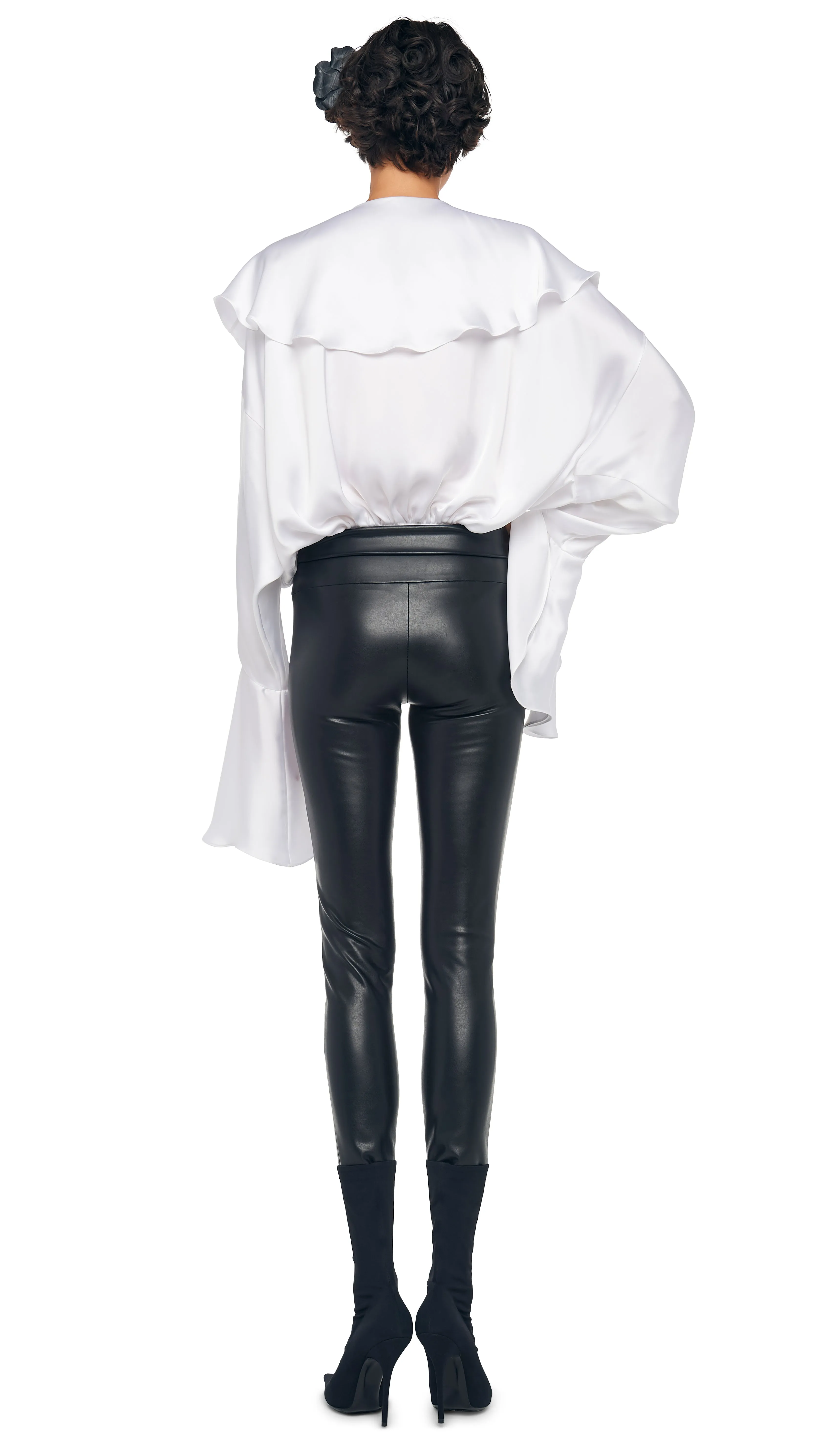 LONG SLEEVE DEEP V RUFFLE BODYSUIT sold by Norma Kamali product image thumbnail 3