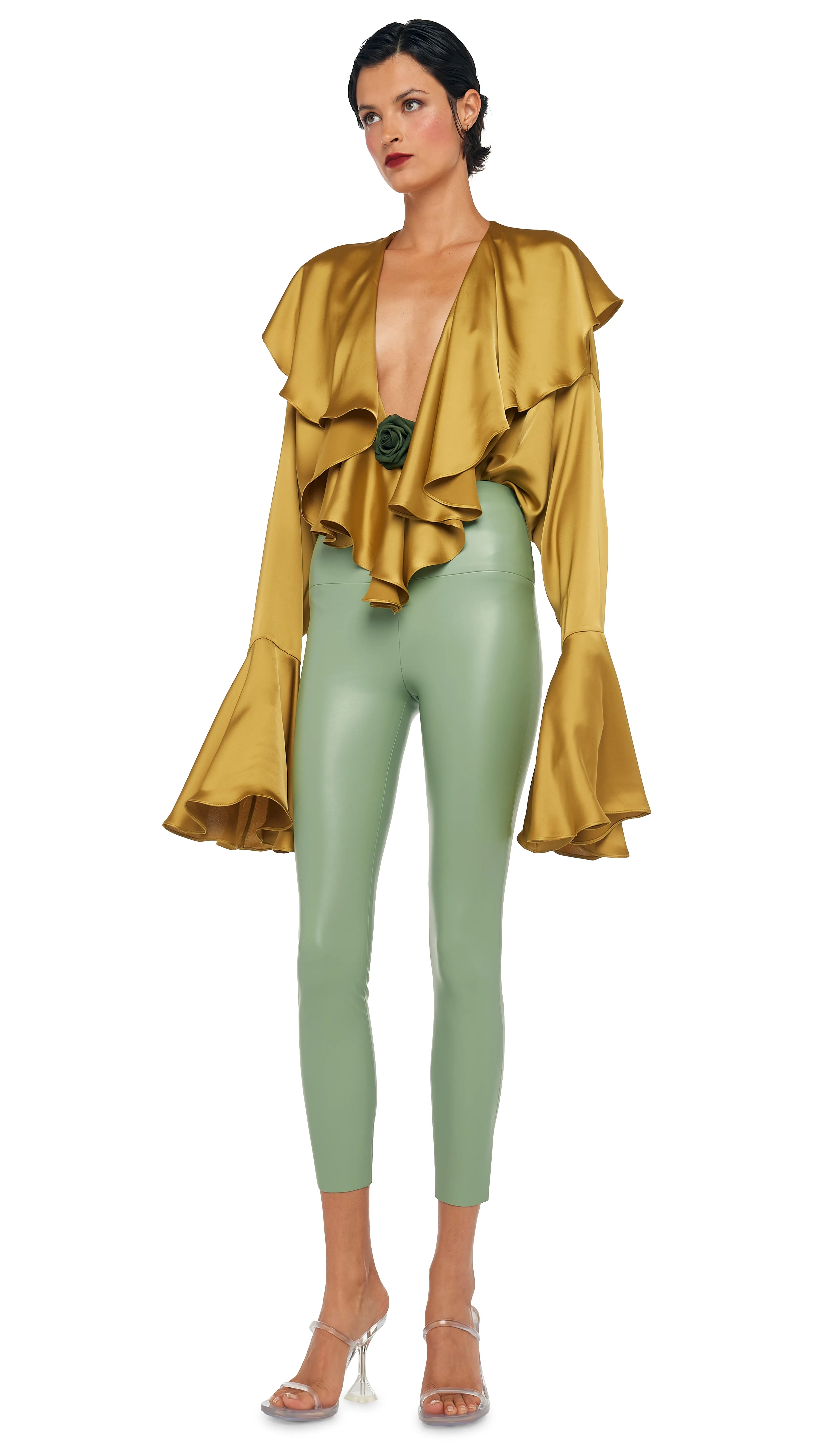 LONG SLEEVE DEEP V RUFFLE BODYSUIT sold by Norma Kamali product image thumbnail 4