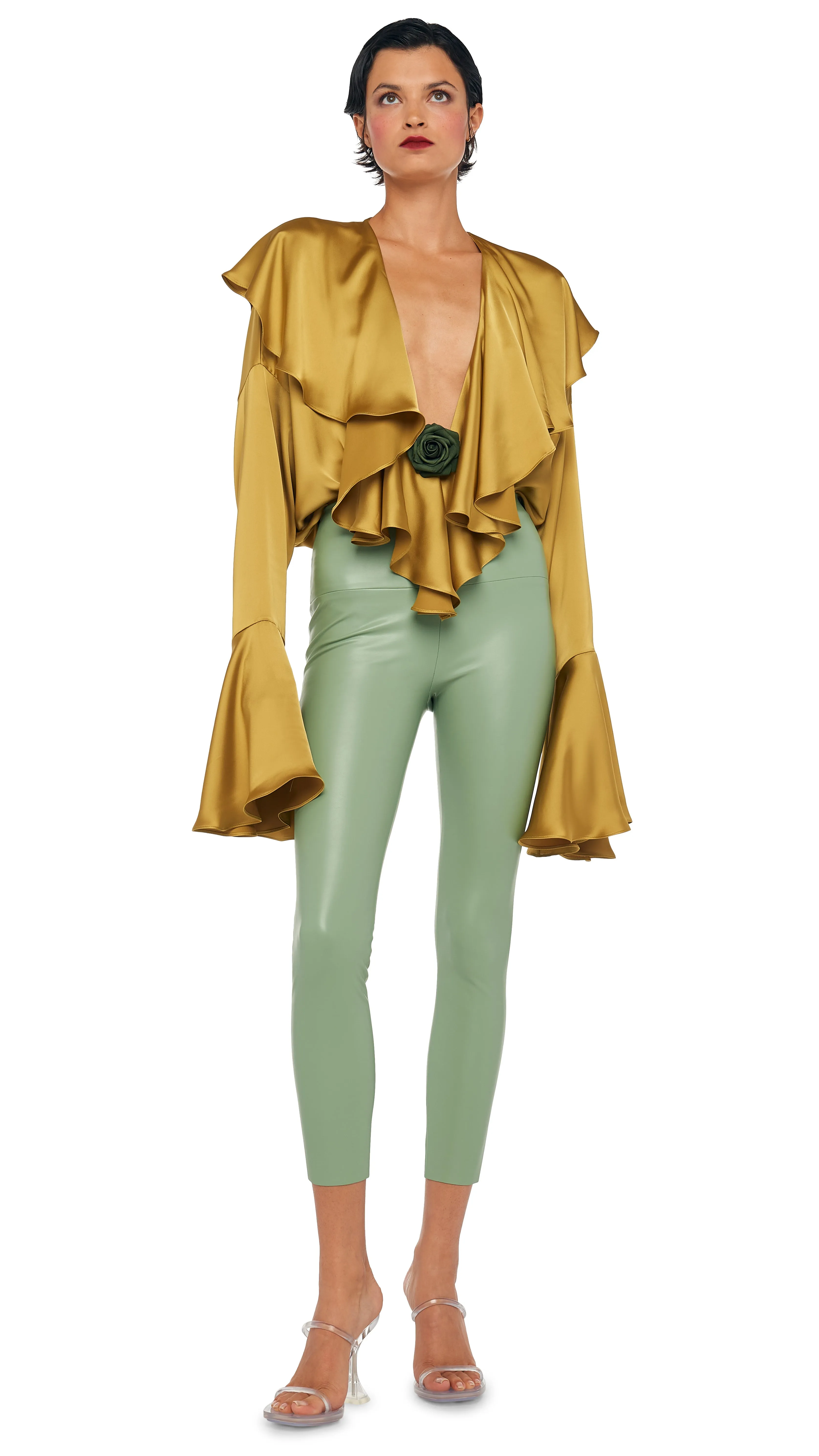 LONG SLEEVE DEEP V RUFFLE BODYSUIT sold by Norma Kamali