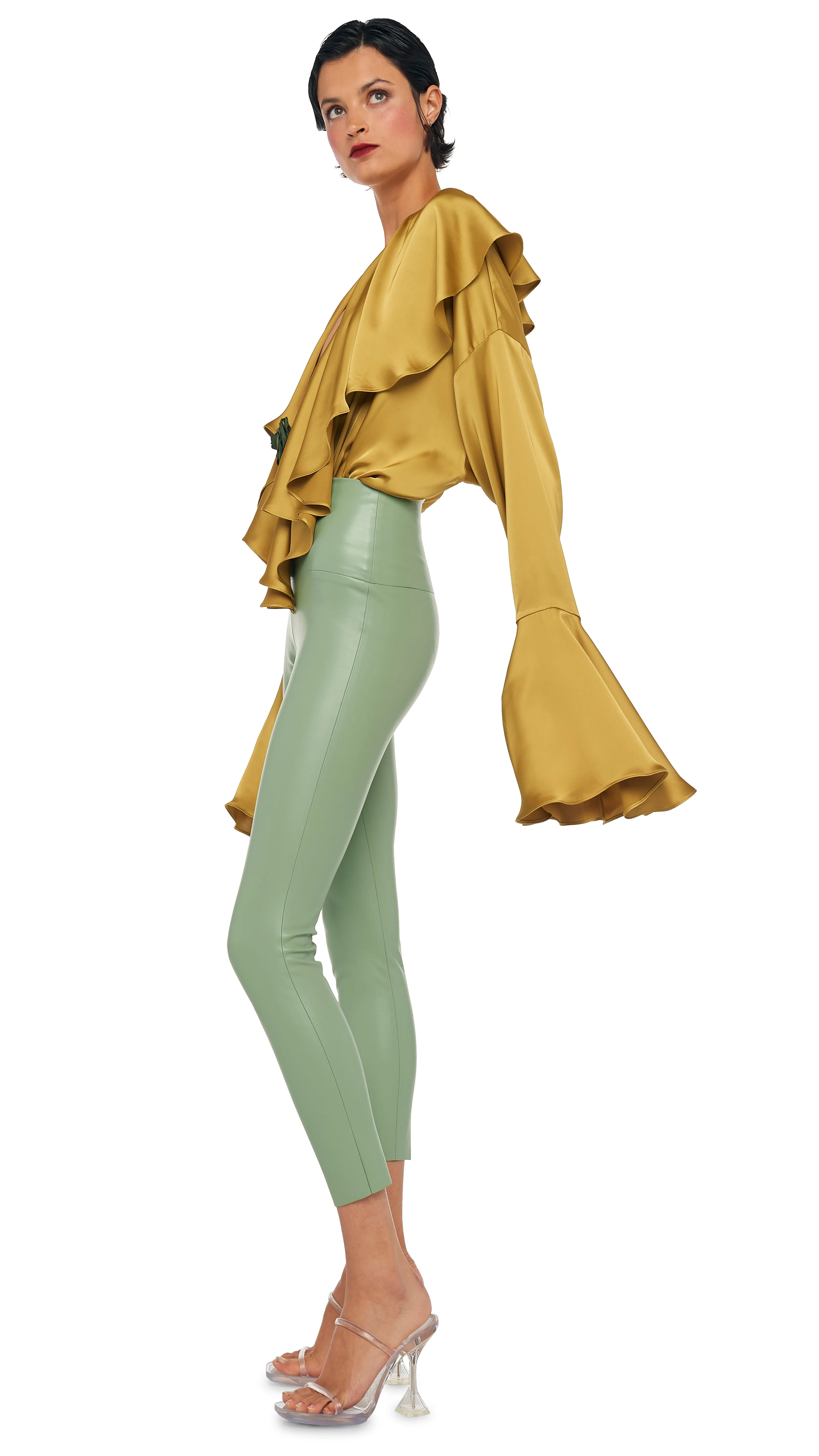 LONG SLEEVE DEEP V RUFFLE BODYSUIT sold by Norma Kamali product image thumbnail 5