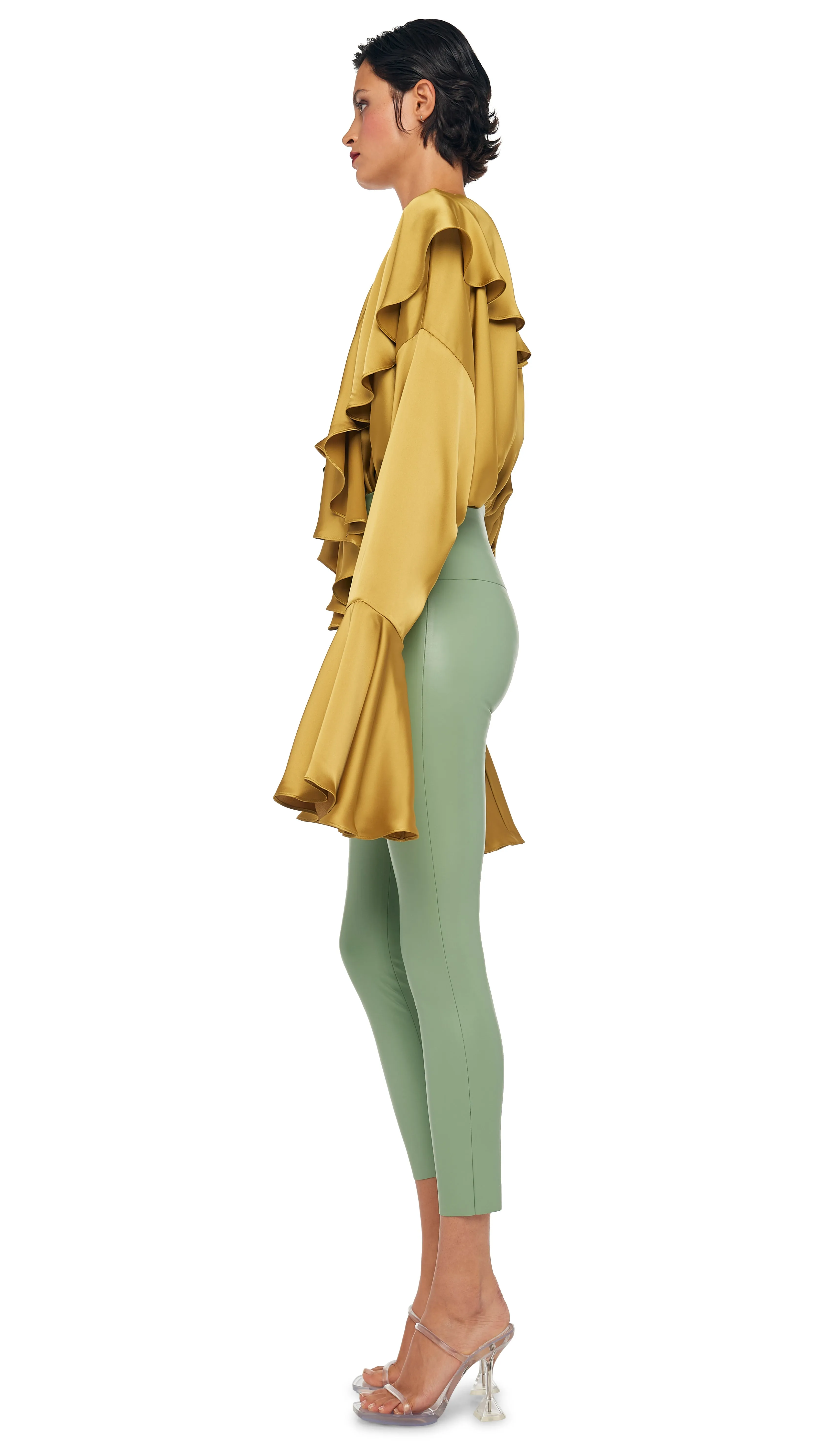 LONG SLEEVE DEEP V RUFFLE BODYSUIT sold by Norma Kamali product image thumbnail 2