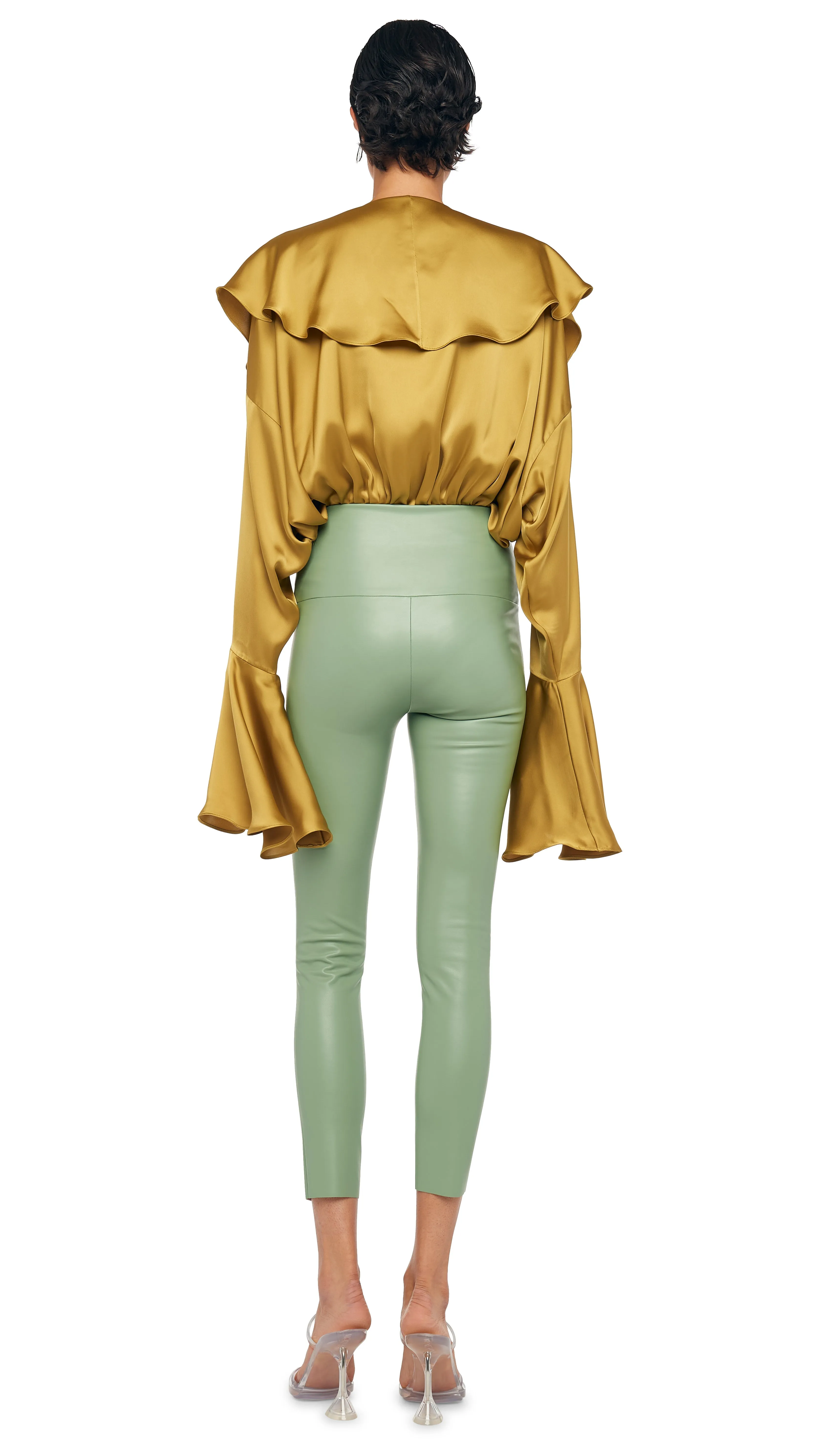 LONG SLEEVE DEEP V RUFFLE BODYSUIT sold by Norma Kamali product image thumbnail 3