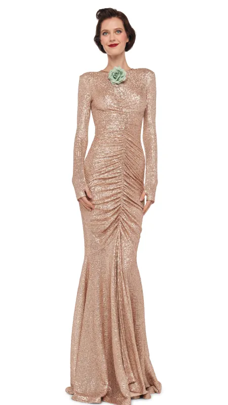 LONG SLEEVE V NECK SHIRRED FRONT FISHTAIL GOWN sold by Norma Kamali