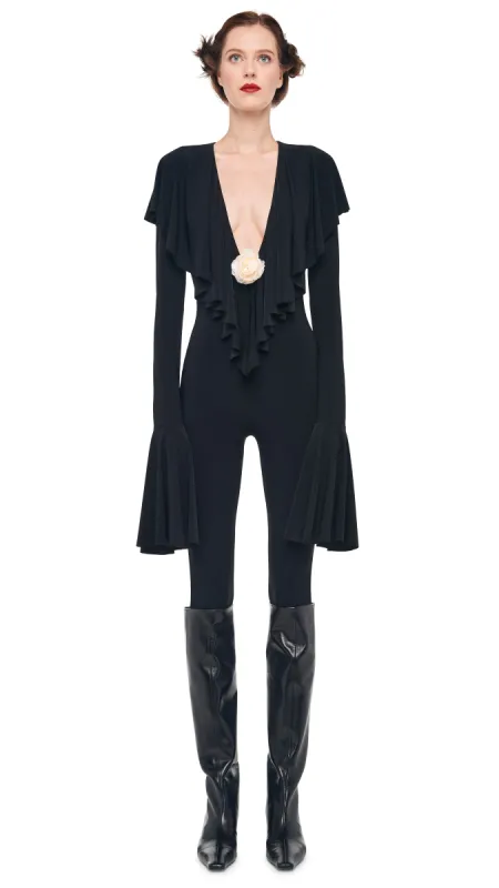 LS DEEP V RUFFLE CATSUIT W/ FOOTIE sold by Norma Kamali
