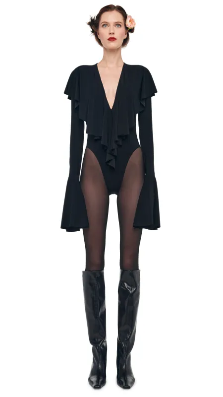 LONG SLEEVE DEEP V RUFFLE BODYSUIT sold by Norma Kamali
