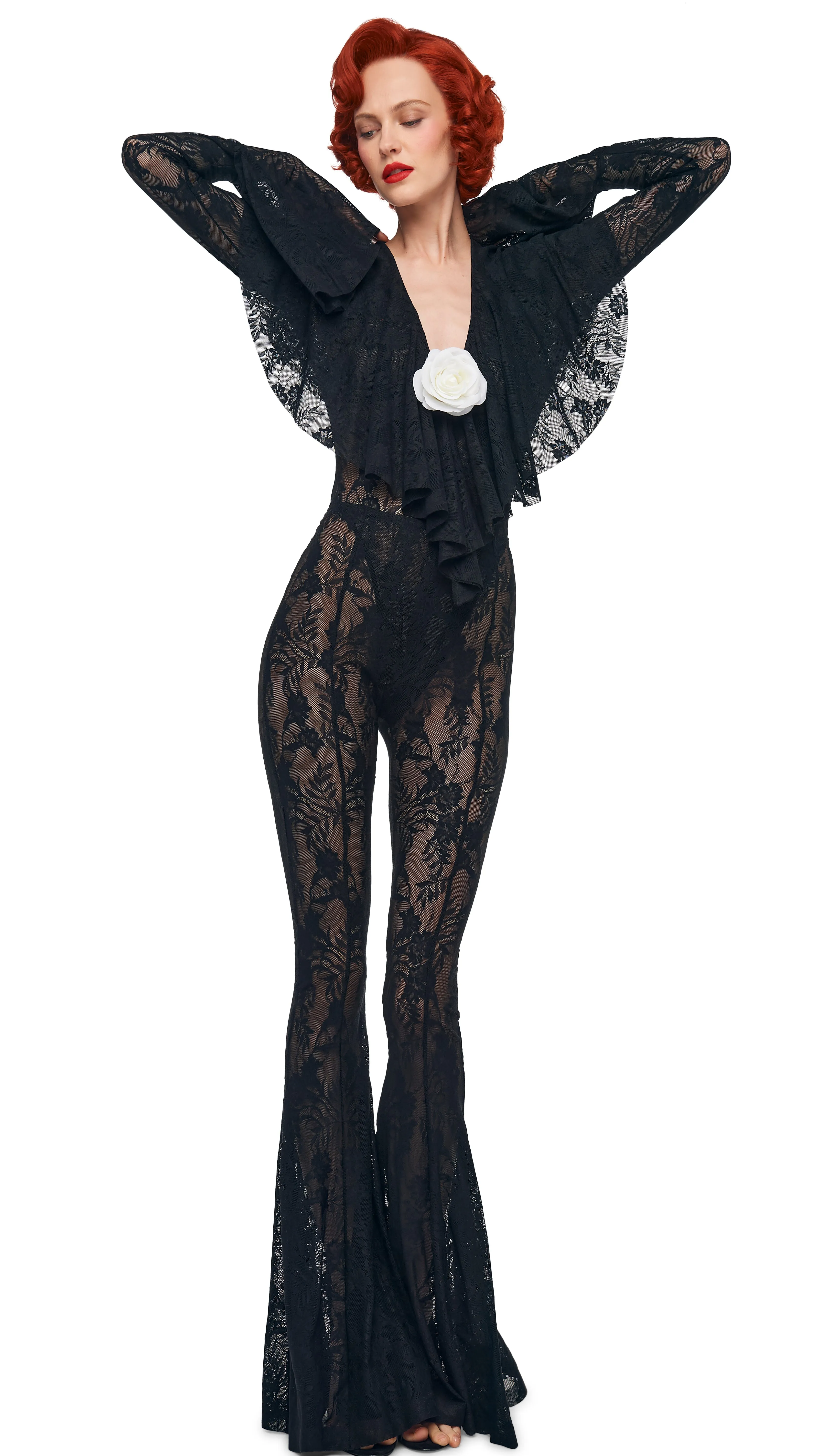 LONG SLEEVE DEEP V RUFFLE BODYSUIT sold by Norma Kamali product image thumbnail 3